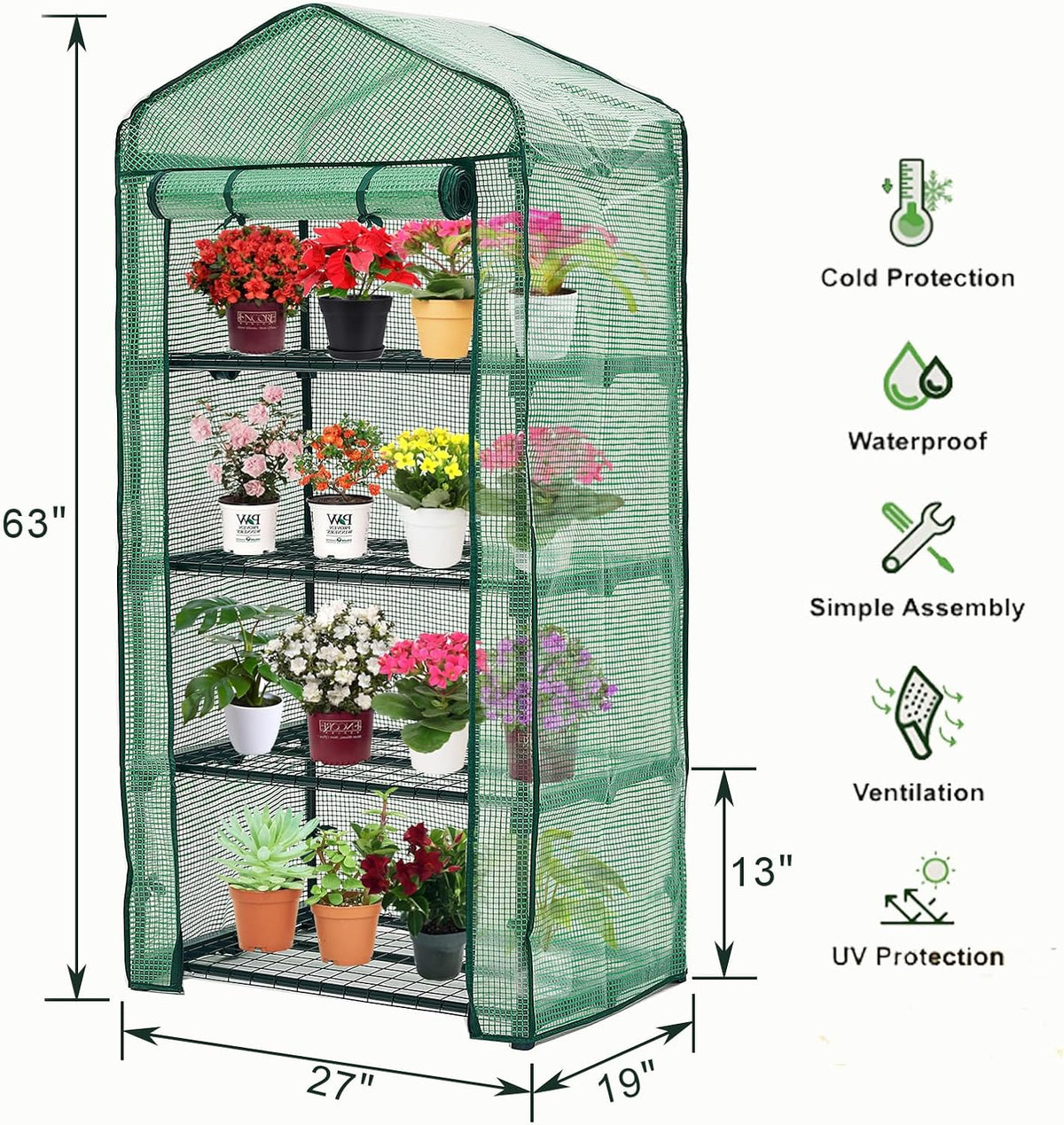 Mini Greenhouse for Indoor Outdoor,Plant Green House 4-Tier Rack Stand Portable Greenhouses with Durable PE Cover for Seedling, 2.5x1.6x5.2 FT Ideal Gardening Gifts for Women Men(PLGH704G)
