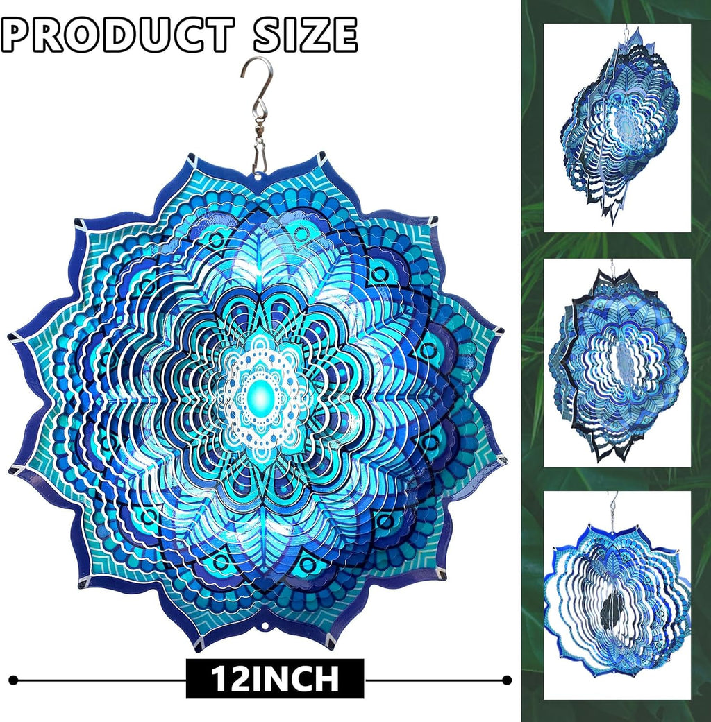 Goolyrusim Wind Spinner Mandala Rich Blue 12inch 3D Stainless Steel Wind Spinners Laser Cut Metal Hanging Wind Sculptures Kinetic Yard Art Decoration Garden Ornament Indoor/Outdoor Décor Worth Gift