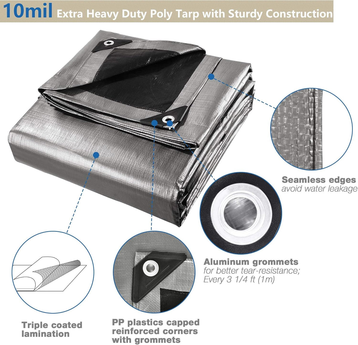 Yescom 20x30ft Heavy Duty Reinforced Poly Tarp Waterproof Tarpaulin 10-mil Ground Sheet Camping Tent Cover with Eyelets Reversible Silver Black Tarps
