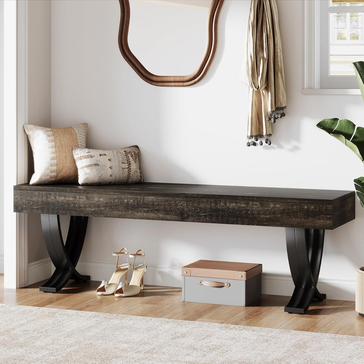 Tribesigns Entryway Shoe Bench, 55-Inch Wooden Shoe Bench with Metal X-Shaped Legs, Industrial Long End of Bed Stool with Seating for Living Room, Bedroom, Hallway, Porch (Oak & Black)