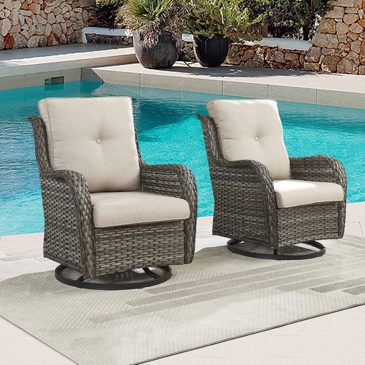 Outdoor Patio Swivel Rocker Chairs - Wicker Rattan Patio Swivel Rocking Chairs Set of 2 with High Back,Deep Seating and Comfort Cushions for Deck Porch Garden,Mixed Grey/Beige