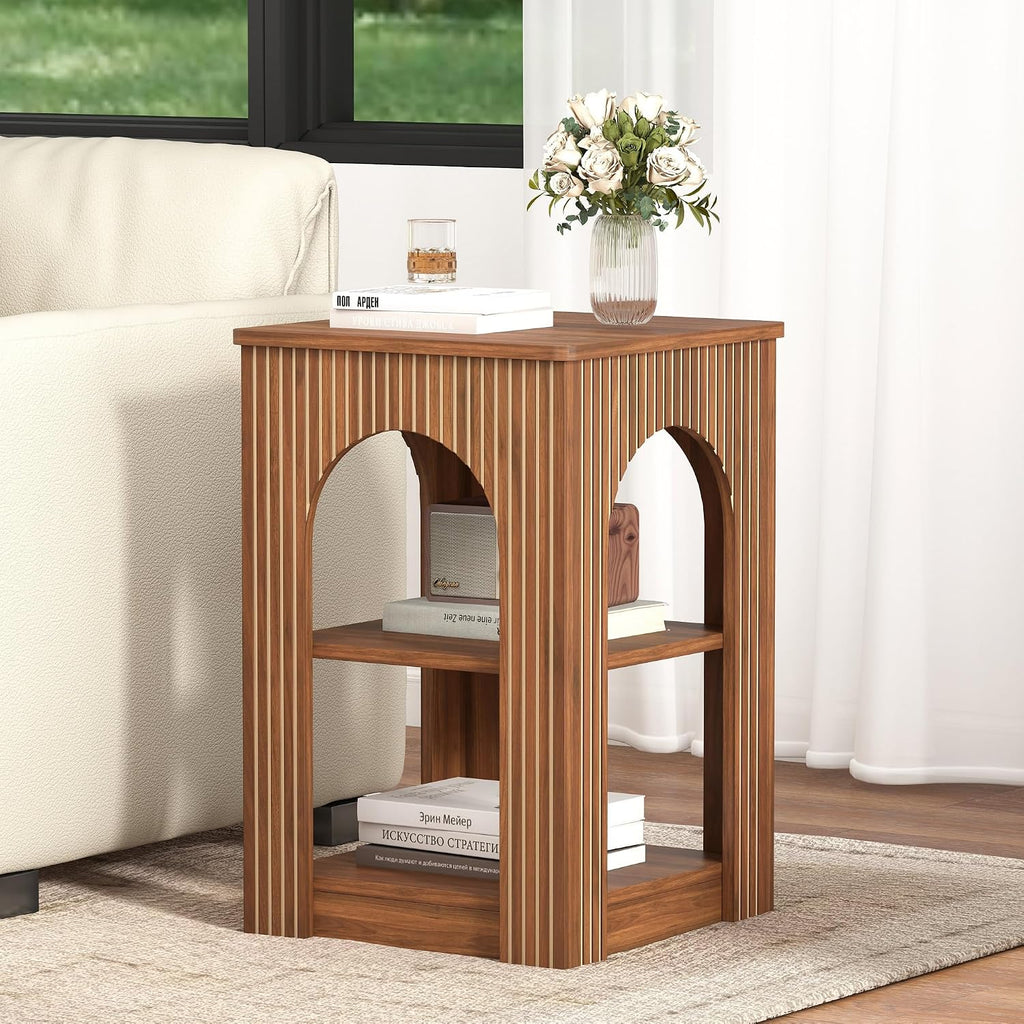 weselon End Table Set of 2, Mid-Century Modern Side Table with 3-Tier Storage Shelves and Arched Carving Lines, Square Fluted Nightstand for Living Room, Bedroom, or Office (2, Walnut)