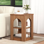 weselon End Table Set of 2, Mid-Century Modern Side Table with 3-Tier Storage Shelves and Arched Carving Lines, Square Fluted Nightstand for Living Room, Bedroom, or Office (2, Walnut)