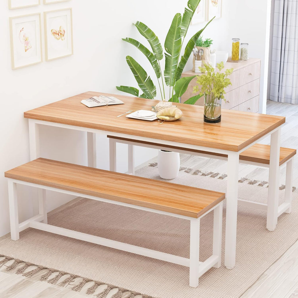 Recaceik Dining Table Set for 4 Kitchen Dining Room Set with 2 Dinner Benches, Farmhouse Breakfast Table for Apartment Small Space, Easy Assembly