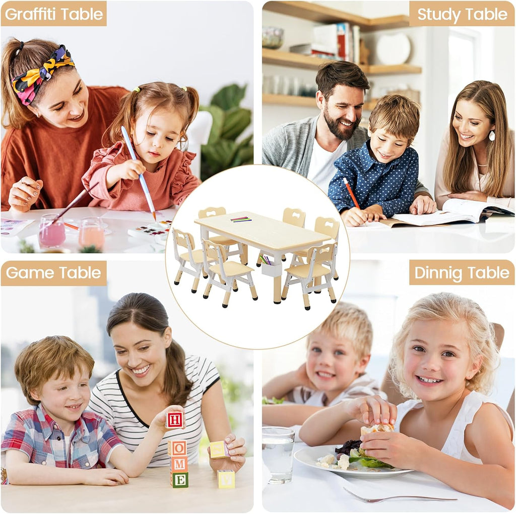 Jojoka Natural Wood Kids Table & 6 Chairs Set – with Storage Box | for ages 2-10, Built-in storage box, Graffiti desktop for creative play, Non-slip legs for safety.