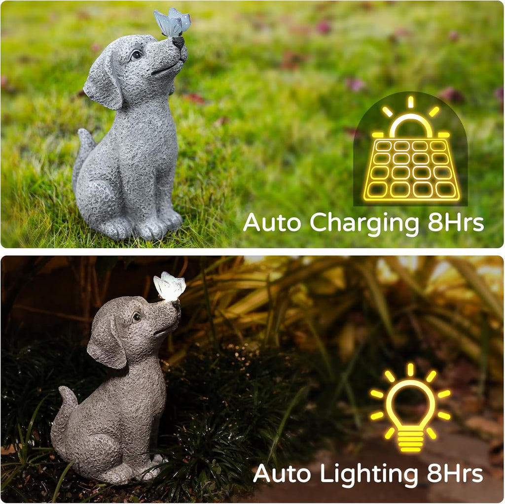 WENYLE Solar Garden Outdoor Statues Dog with Butterfly Lights, Lawn Decor Puppy Figurine for Patio Balcony Yard, Yard Unique Christmas Birthdays Gift for Mom Grandma
