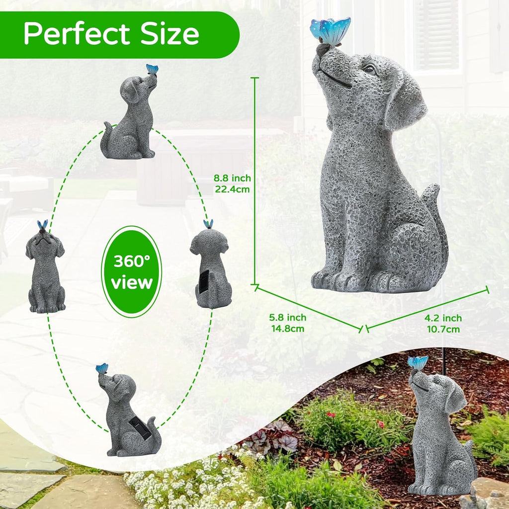 WENYLE Solar Garden Outdoor Statues Dog with Butterfly Lights, Lawn Decor Puppy Figurine for Patio Balcony Yard, Yard Unique Christmas Birthdays Gift for Mom Grandma