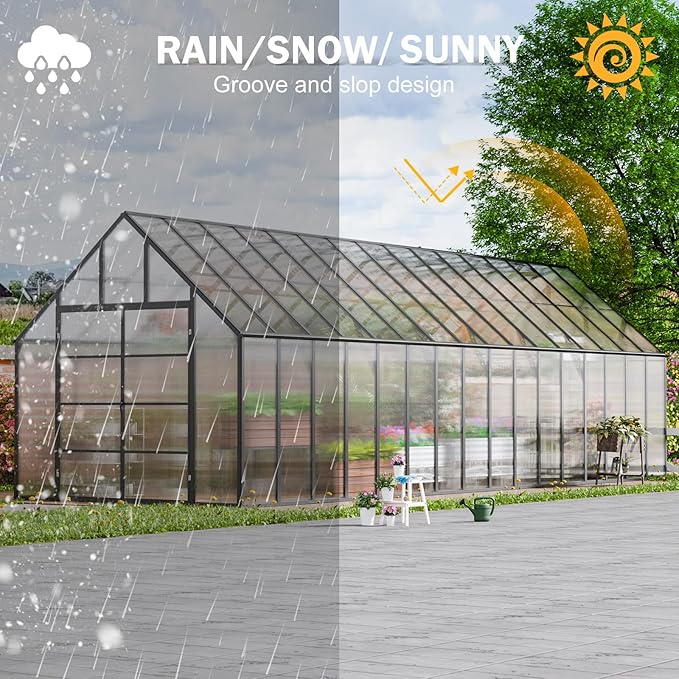 CDCASA 10x32 FT Greenhouse for Outdoors,Large Easy Assembly Thicker Aluminum Polycarbonate Greenhouses w/7 Windows, Double Door, Walk-in Green House for Outside,Patio,Backyard,Garden