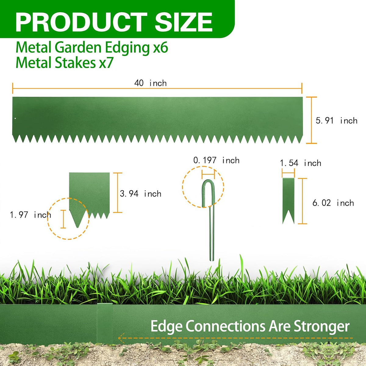 Metal Landscape Edging 6 Pack 40" L x 6" H,Galvanized Bendable Metal Garden Edging,Hammer- in Steel Landscape Edging with a Pair of Gloves and 7 Clips,Green (20 FT Total)