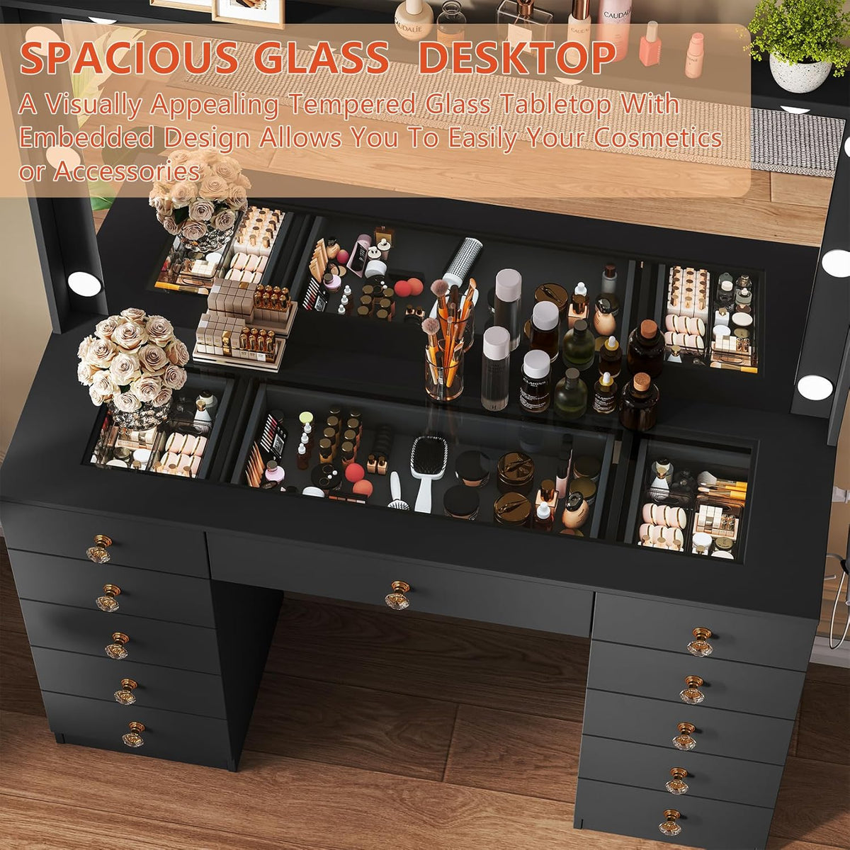 Vanity with Large Mirror and 10 LED Lights, Vanity Desk with Glasss Top, Makeup Desk with 11 Drawers & Power Outlet & Hair Dryer Stand, Dressing Table with Crystal Handles for Girls, Women (Black)