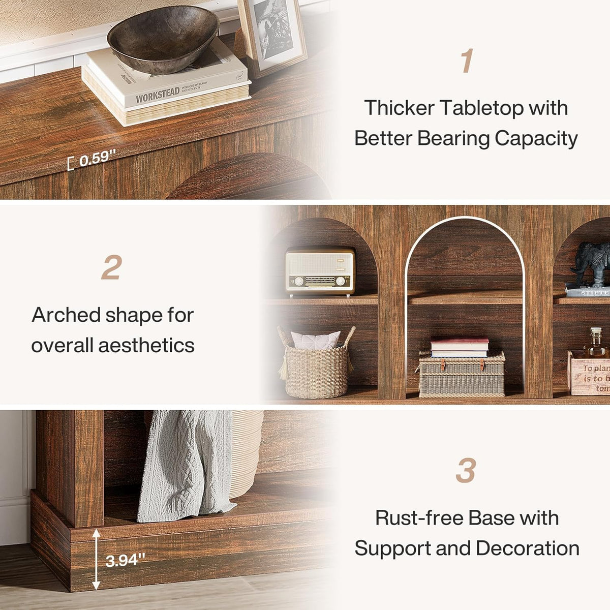 Tribesigns Farmhouse Console Table, 63-Inch Long 3 Tier Entryway Table with Storage, Wooden Rectangular Sofa Table Behind The Couch for Entrance, Hallway, Living Room, Dark Brown