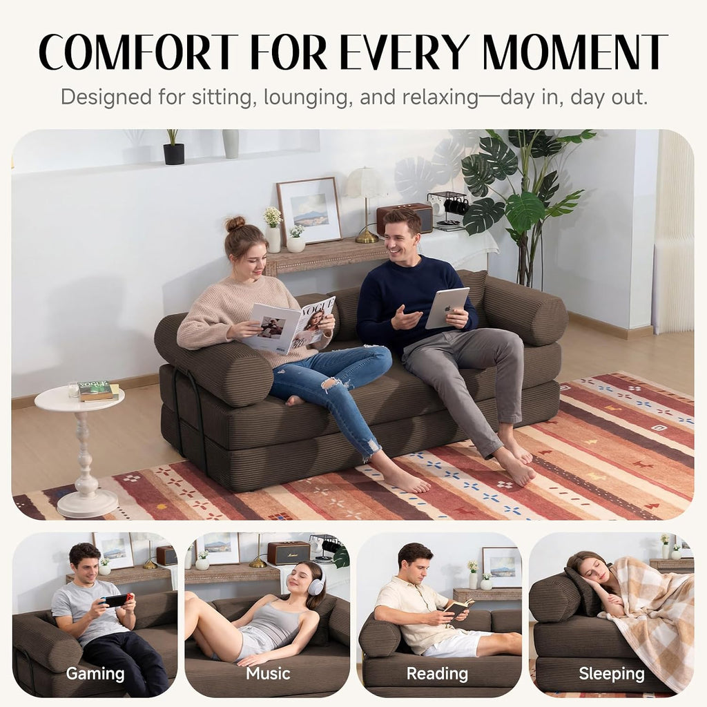79" Corduroy Sofa Bed, Couch in a Box with 2 Pillows, High-Density Foam 4-in-1 Foldable Sleeper Futon Loveseat for Small Spaces, No Assembly, Side Pockets, Hex Arm Brown