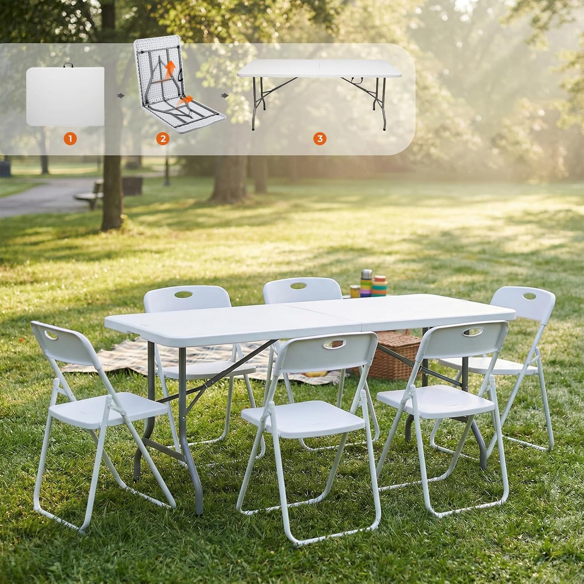 Folding Table and Chairs Set, 6 Foot Foldable Long Plastic Table with 6 Plastic Folding Chairs, Portable Set for Parties, Event, Training, Craft, Wedding, and Commercial Use