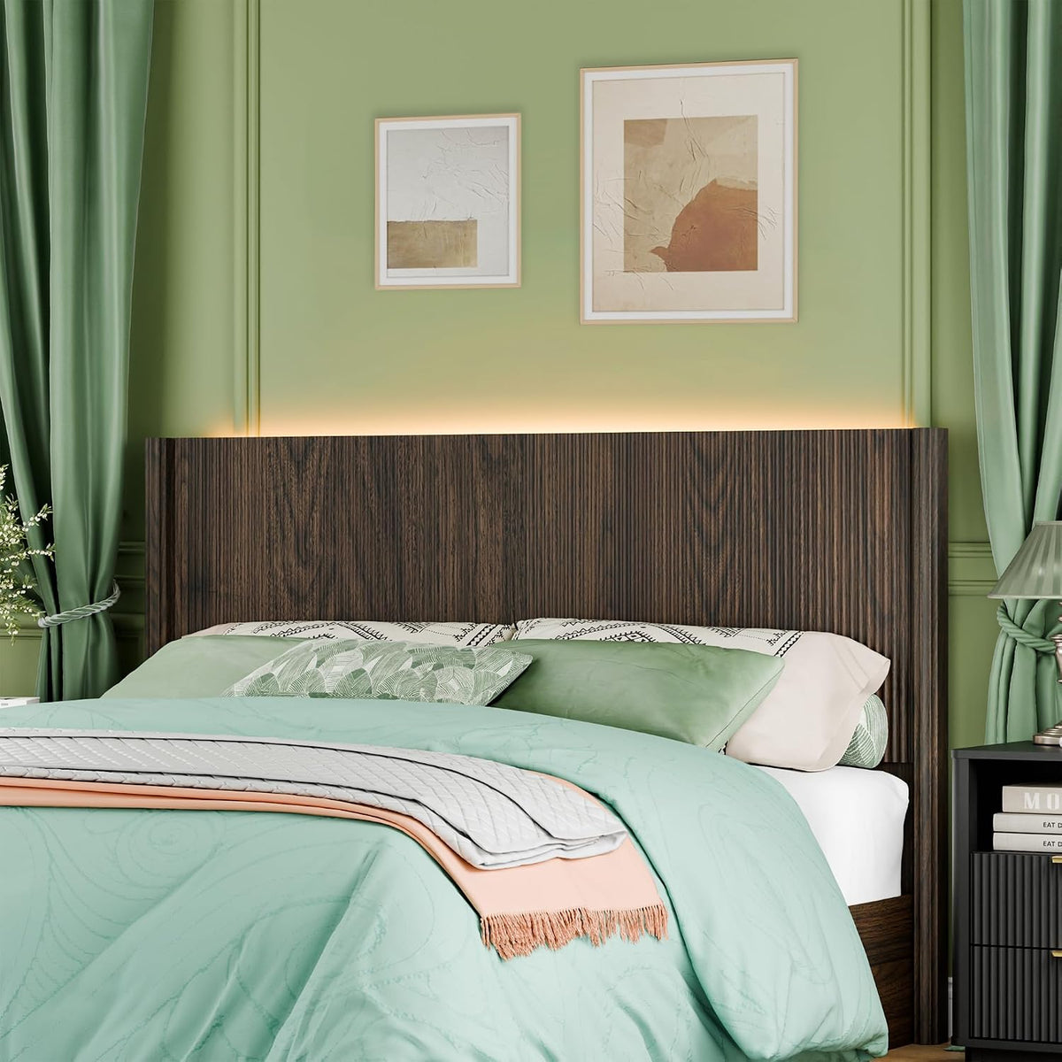 Queen Size Headboard Only, Modern Fluted Wall-Mounted Head Board with Lighting, Boho Wood Bed headboard Stylish Bedroom Decor, Espresso