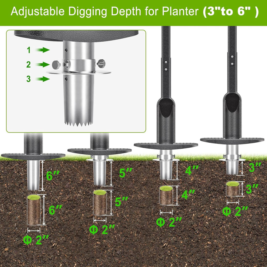 Dolibest Bulb Planter Tool w/Soft Grip, Grass Plugger Tool w/Stainless Steel Sharp Serrations, Depth Adjust Pre-Assembled Sod Plugger w/Centre Auto Dump Design for Lawn Planting Bulbs and Grass Repair