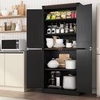 71in Farmhouse Kitchen Pantry Cabinet,Tall Storage Cabinet with 4 Doors and Adjustable shelves,with Load-Bearing Steel Pipe,Wood Storage Cabinets for Kitchen,Dining Room,Bathroom(Black)