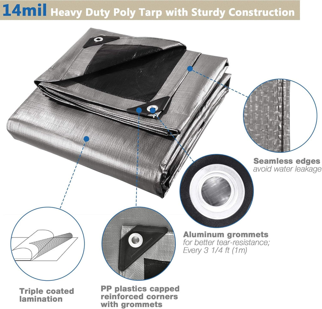 Yescom 12x16Ft 14 Mil Heavy Duty Reinforced Poly Tarp Reversible Waterproof Tarpaulin Ground Sheet Cover Reversible Silver Black Tarps
