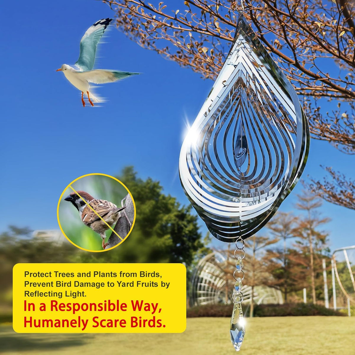 2PCS Wind Spinner 3D Stainless Steel Metal Sculptures Decorations, Water Droplets Wind Sculptures & Spinners, Outdoor Hanging Garden Decoration, Bird Devices Deterrent for Outside to Scare Birds Away