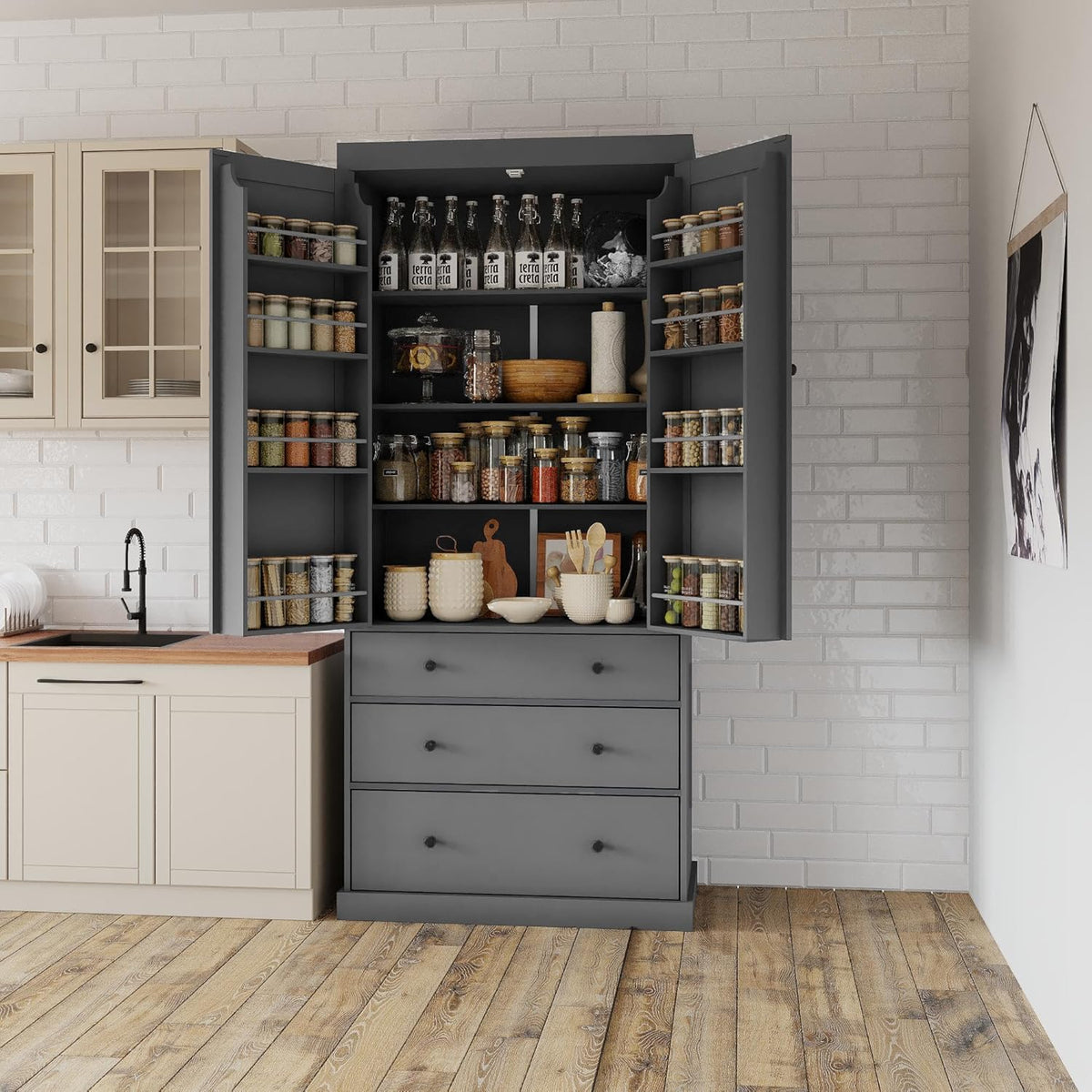 Ball & Cast 77" Freestanding Kitchen Pantry with 3 Drawers and Adjustable Shelves,Tall Cupboard Storage Cabinet with 8 Door Shelves, for Kitchen,Dining Room,Living Room,Apartment,Gray