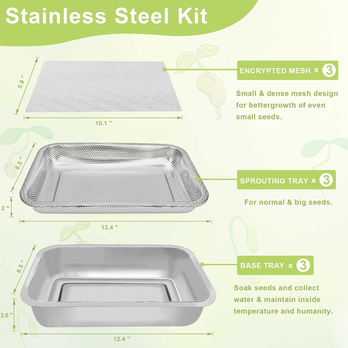 Stainless Steel Sprouts Growing Kit 3-Tier 12.4 inch Trays, Microgreens Growing Kit, Seed Sprouting Tray with Encrypted Mesh Sprouts for Beans Alfalfa Broccoli Wheat Grass
