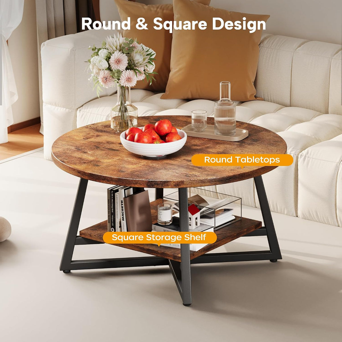 Round Coffee Table, Small Circle Coffee Table with Storage, Modern Wood Round Center Table for Living Room, Home Office, Small Space, Easy Assembly, Rustic Brown