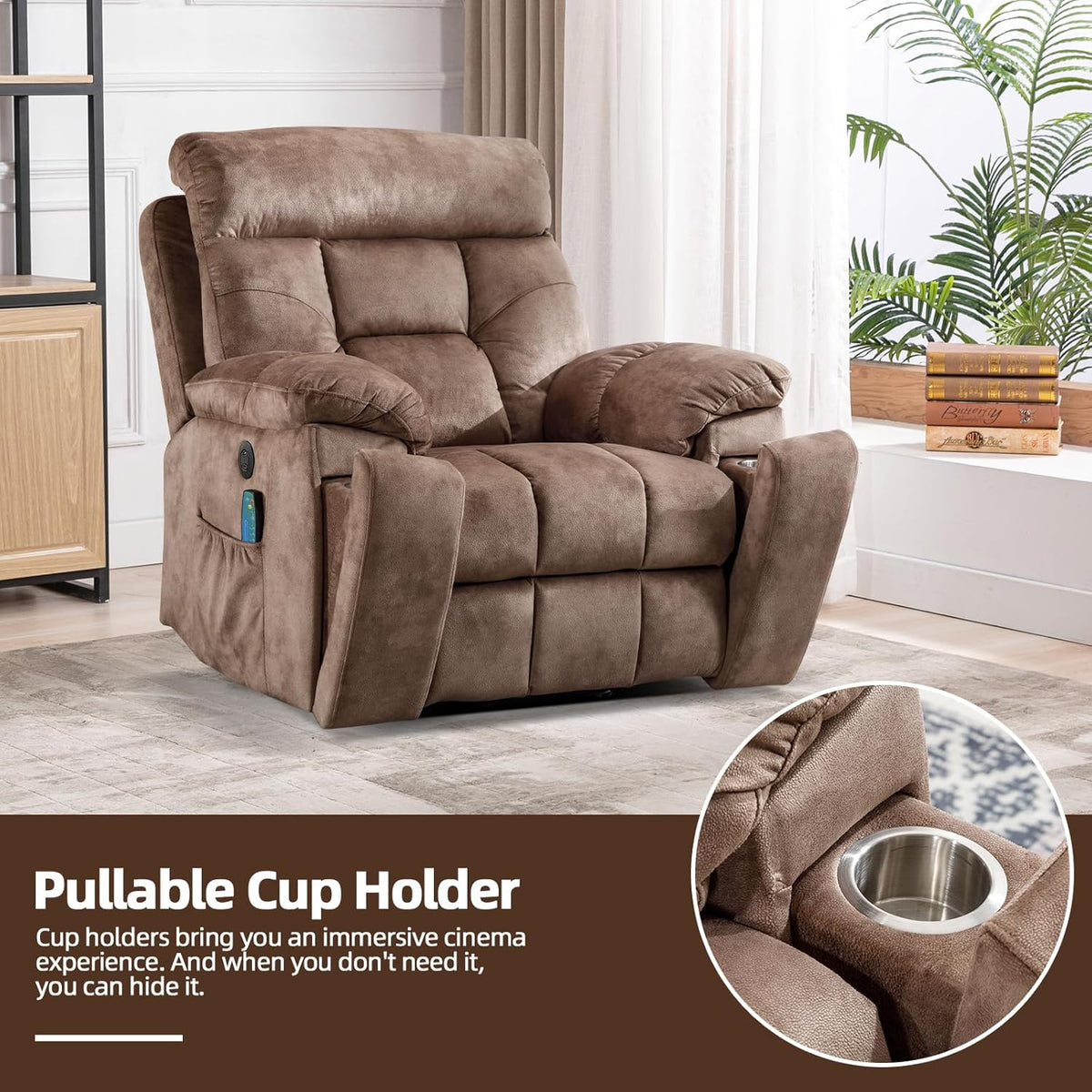 CANMOV Large Power Lift Recliner Chair with Massage and Heat for Elderly Big and Tall People, Overstuffed Wide Recliners with 2 Cup Holders, Side Pocket and USB Port, Camel
