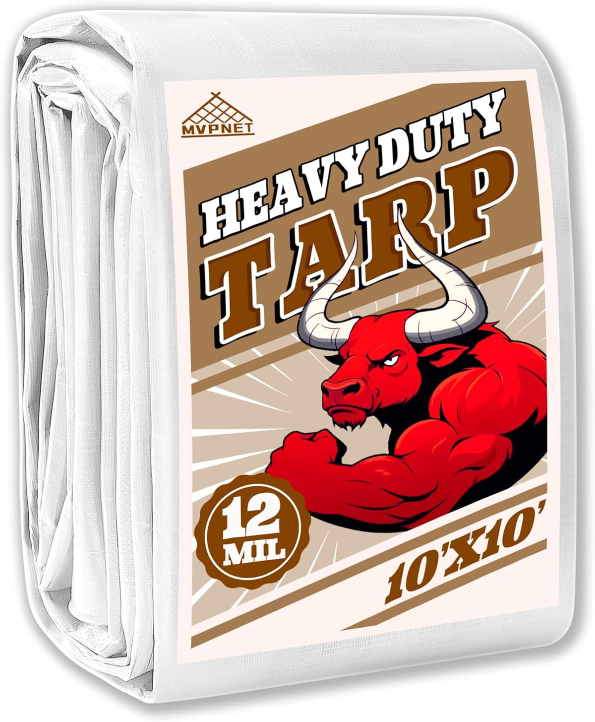 Tarp 10x10 ft Heavy Duty 12mil 100% Waterproof High Durability Multipurpose,Uv Resistant,White Tarp Suitable for Swimming Pools, Boats, Camping, Courtyards, Etc -by MVPNET