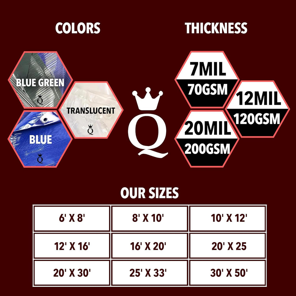 QUEEN OF TARPS | 8x10 Light Duty Tarp Waterproof, 70 GSM is 7 MIL, UV/Tear Resistant Tarp, Camping, Outdoor Furniture, Car, Tents, Painting, Firewood Protection | 8x10, Light Duty