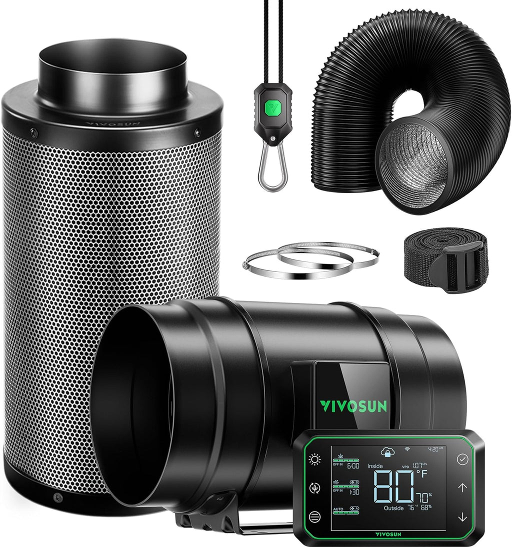 VIVOSUN Smart Air Filtration PRO G8 Kit 8", AeroZesh G8 Inline Duct Fan w/GrowHub E42A Temp. Humidity WiFi-Controller, Carbon Filter & Ducting, Cooling & Ventilation System for Grow Tent, Hydroponics