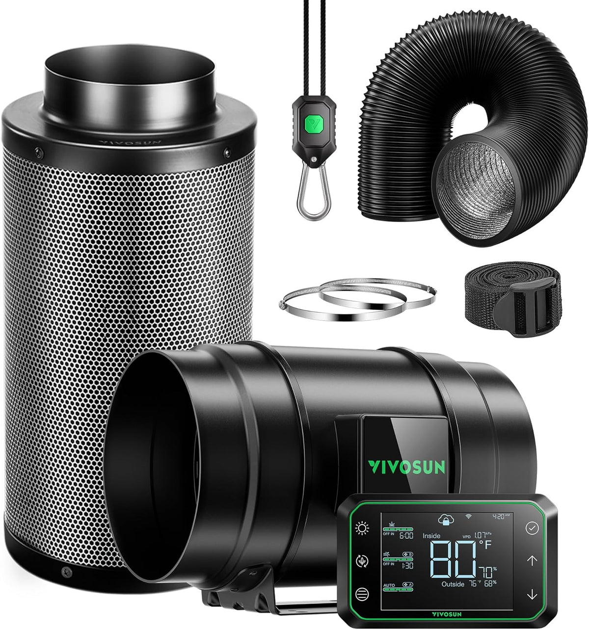 VIVOSUN Smart Air Filtration PRO G8 Kit 8", AeroZesh G8 Inline Duct Fan w/GrowHub E42A Temp. Humidity WiFi-Controller, Carbon Filter & Ducting, Cooling & Ventilation System for Grow Tent, Hydroponics