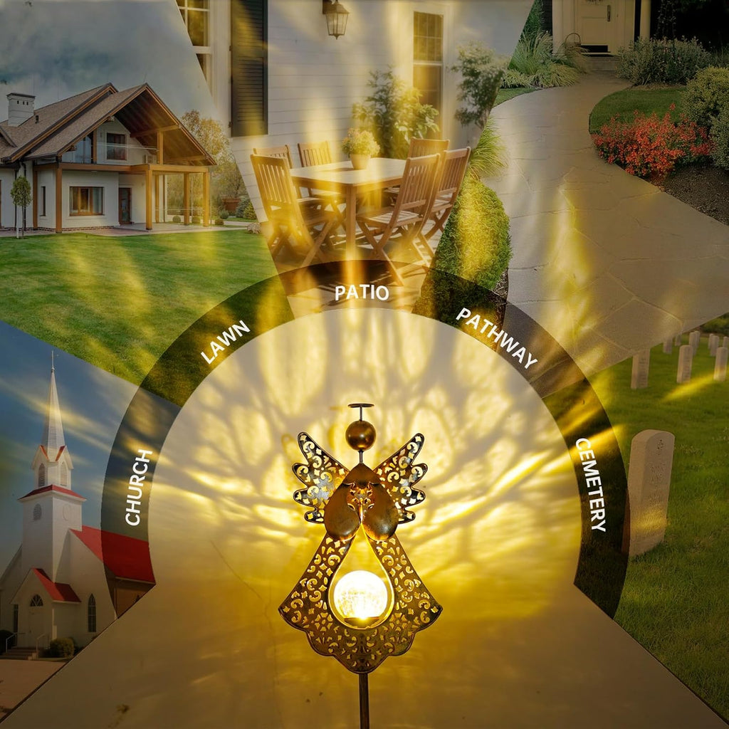 Starryfill Angel Stake Solar Lights with Crackle Glass Globe Waterproof Warm White LED, 40.5 inches Height Metal Bronze Stake Garden Patio Art Decor, Memorial Gift for Mom Women or Friends
