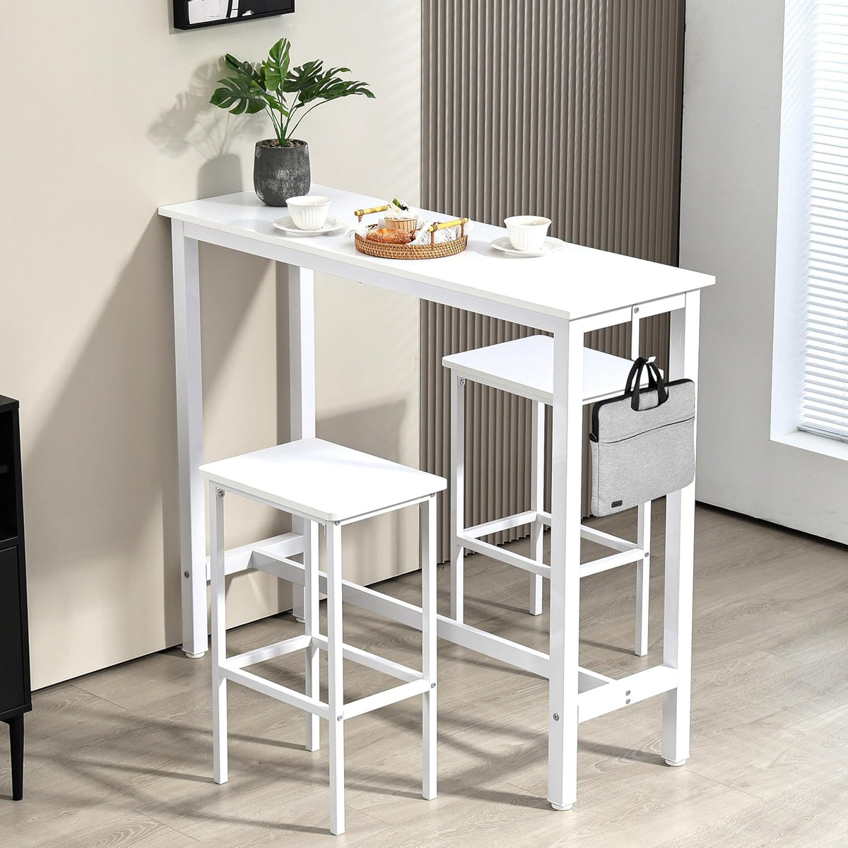 Finnhomy 47" Industrial Bar Table Set with 2 Stools - Counter Height Dining & Pub Table for Small Spaces, Kitchen, Apartment, Breakfast Nook - Metal & Wood, Space-Saving Furniture - White