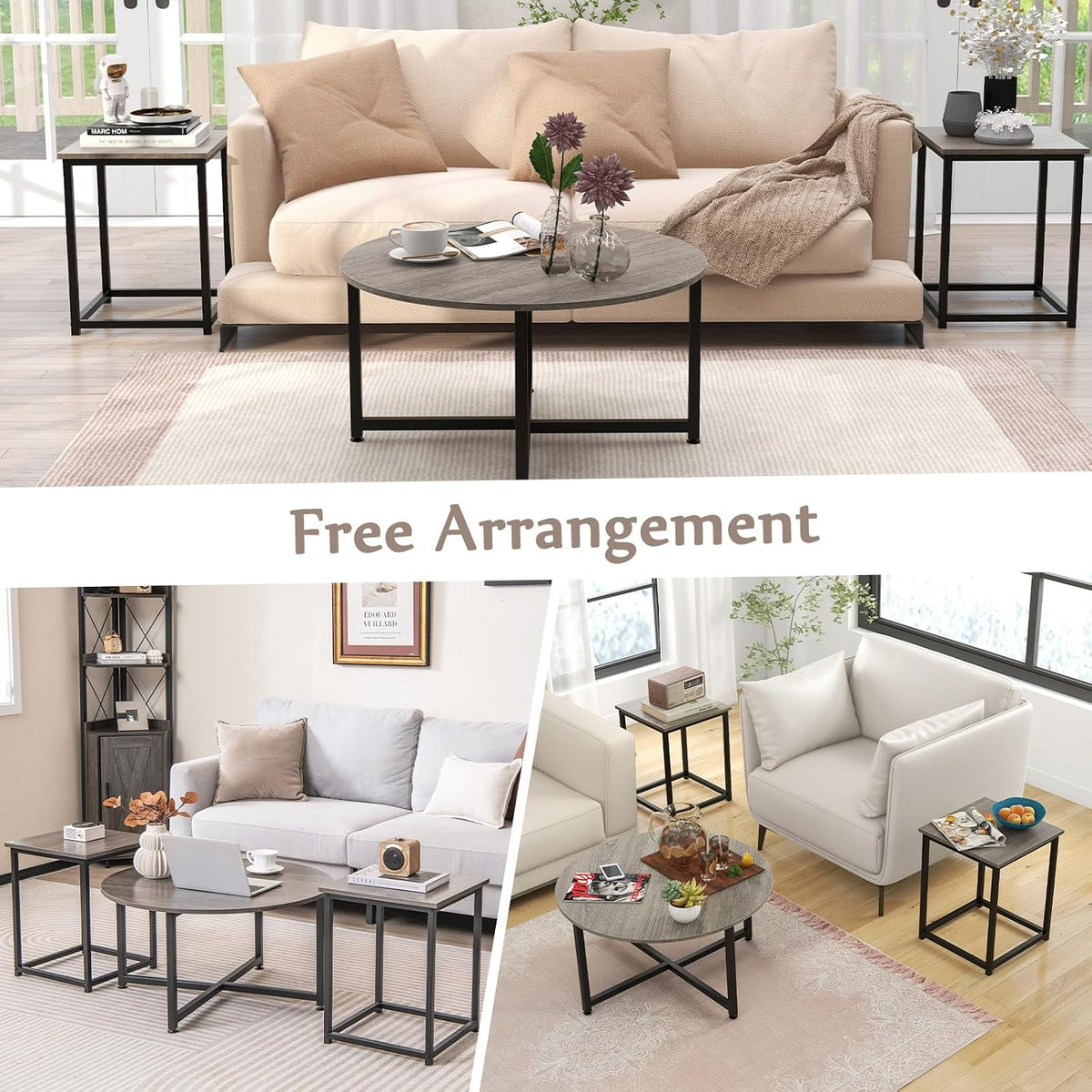 COSTWAY Coffee Table Set of 3, Wood Grain Round Coffee Table and 2 Square End Side Tables with Metal Frame, Modern 3-Piece Living Room Tables Set for Small Space, Apartment (Gray & Black)