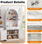 Polibi 75" Farmhouse Arched Pantry Cabinet with Charging Station, Adjustable Shelves, Open Countertop & Glass Racks, Tempered Glass Door & Barn Door, Coffee Bar Cabinet for Dining Room, White