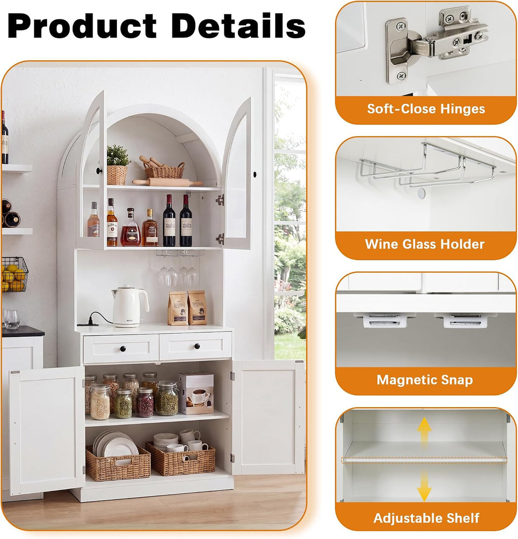 75" Farmhouse Tall Arched Pantry Cabinet with Charging Station, White | Adjustable Shelves, Open Countertop, Barn Door Lower Cabinet, Tempered Glass Display – Versatile Storage for Kitchen