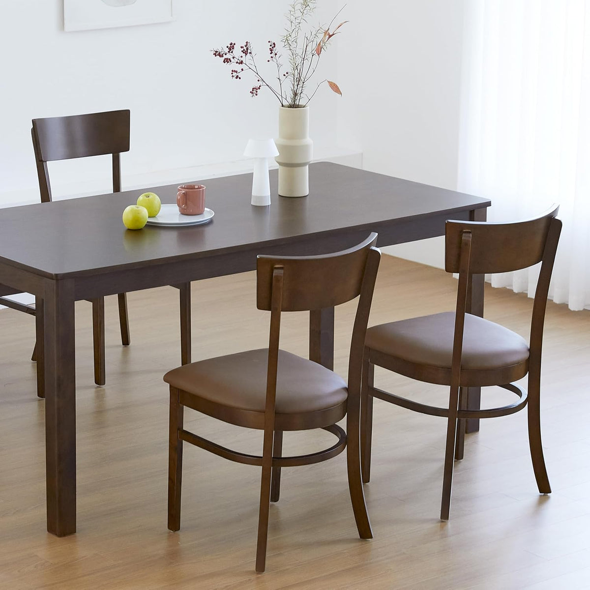 Livinia Mint Dining Chair Set of 2, Solid Malaysian Oak PU Leather Upholstered Cushion Seat, Straight Back Side Chairs (Walnut)