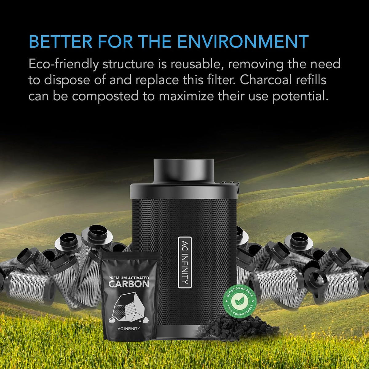 AC Infinity Refillable Carbon Filter Kit 4” with Additional Refill, Odor Removal Air Scrubber For 4" Inline Fan and Ducting, Reusable Charcoal Filter for Grow Tent Grow Room Hydroponics