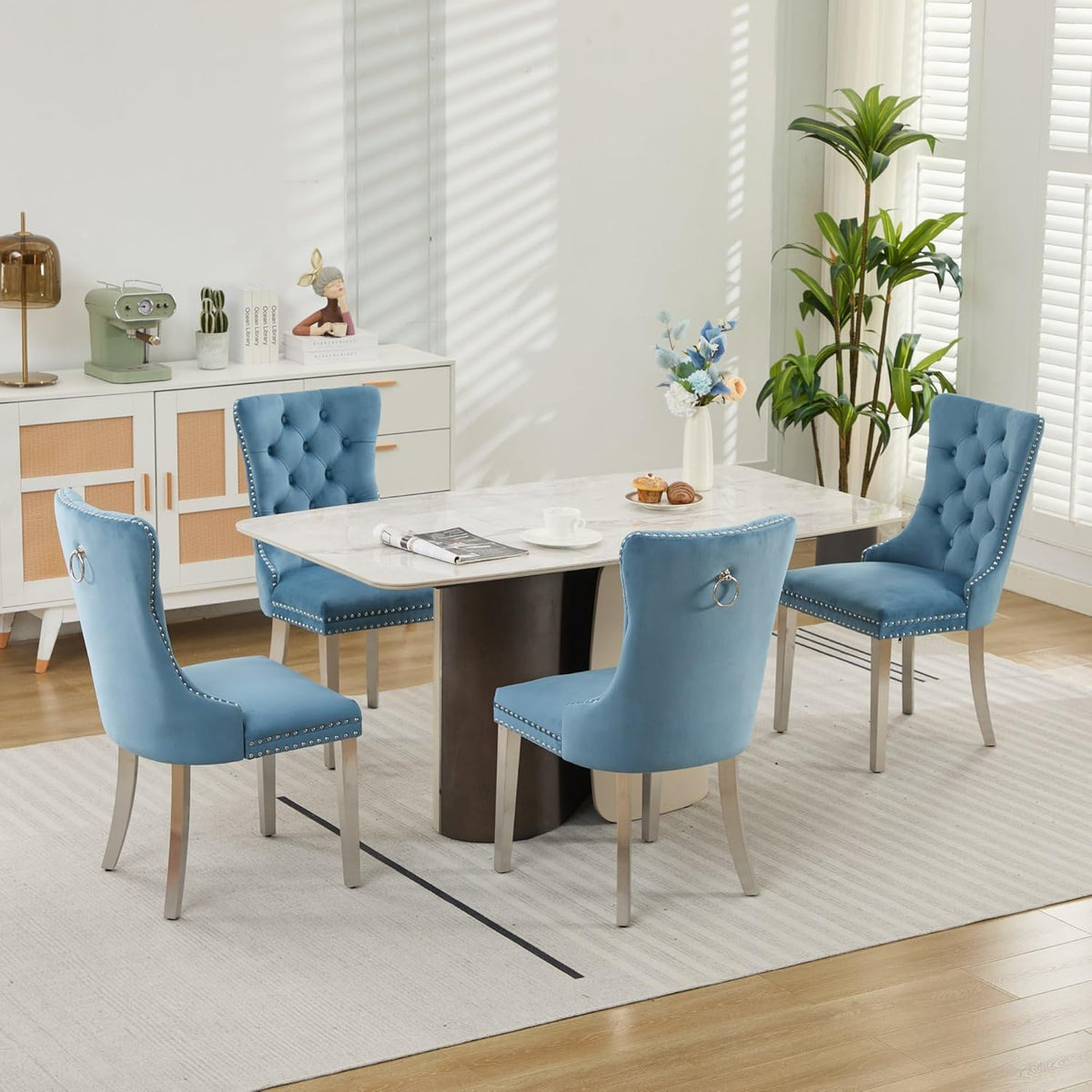 Velvet Dining Chairs Set of 4, Tufted Upholstered High Wingback Chairs with Nailhead Trim & Pull Ring, Silver Stainless Steel Legs for Dining Room, Sillas de Comedor, Light Blue