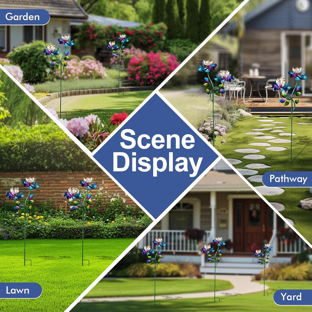 Solar Wind Spinners Blue Twin Flowers for Yard and Garden, Solar Windmill Garden Whirligig Kinetic Spinners Decor for Lawn, Patio, Yard, Metal Wind Outdoor Sculpture