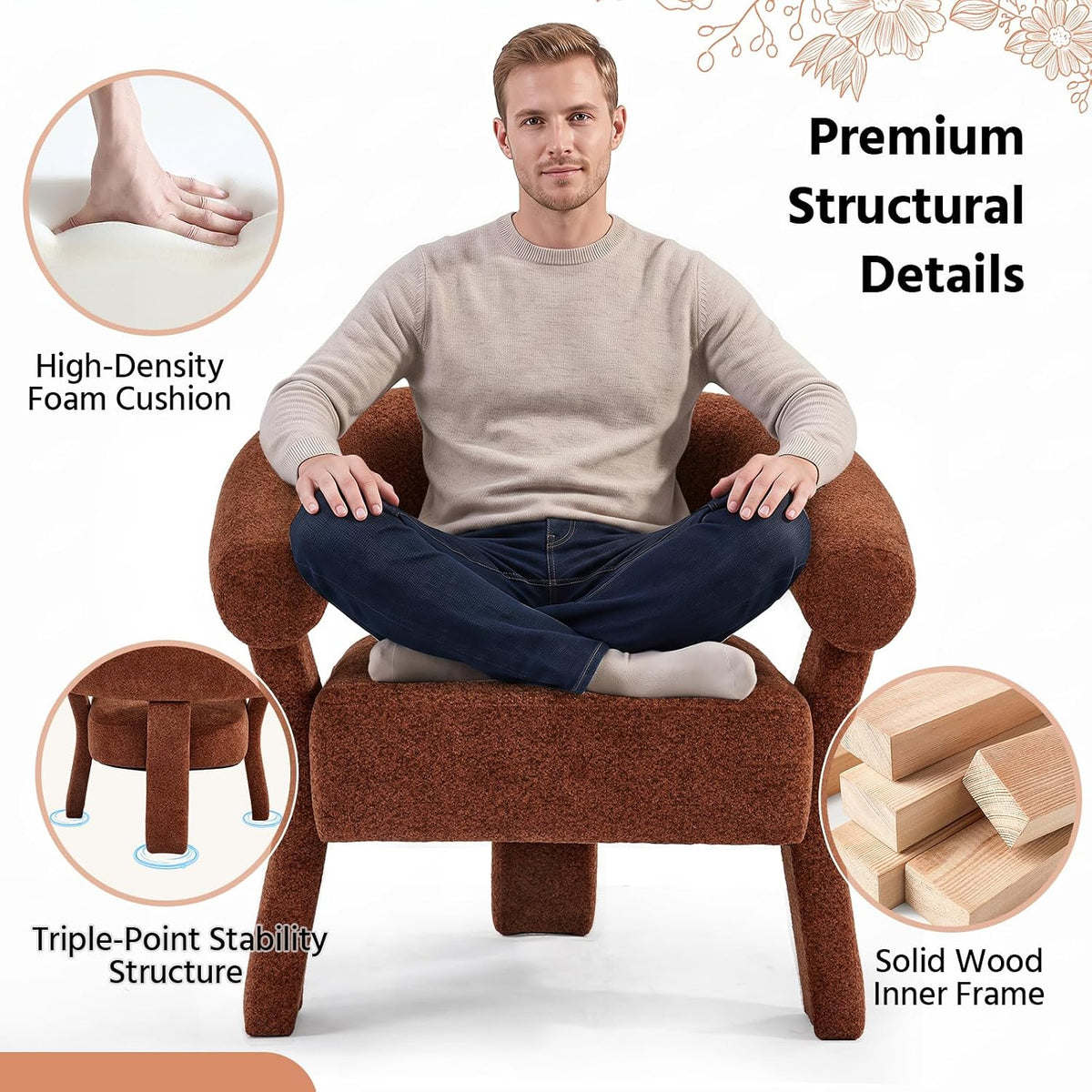ANJ Modern Chenille Accent Chair, Barrel Armchair with Solid Wood Legs & Curved Backrest, Modern Arm Chair with Upholstered Fabric for Living Room & Vanity Room, Orange