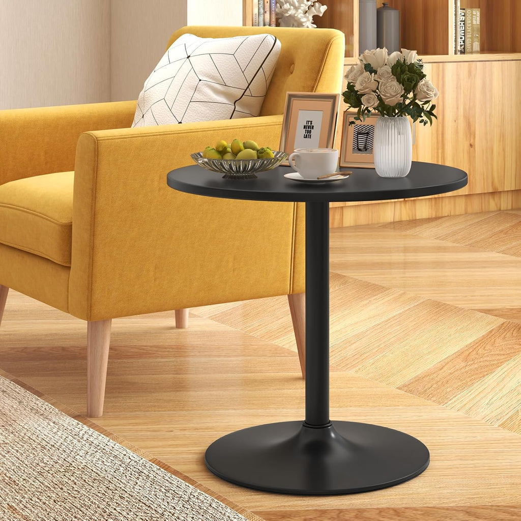COSTWAY 3 Pieces Bar Table Set, Counter Height Table Set with 2 Bar Stools | Round Cocktail Table and PU Leather Adjustable Swivel Chairs, for Small Space, Kitchen, Office (Black+Black)