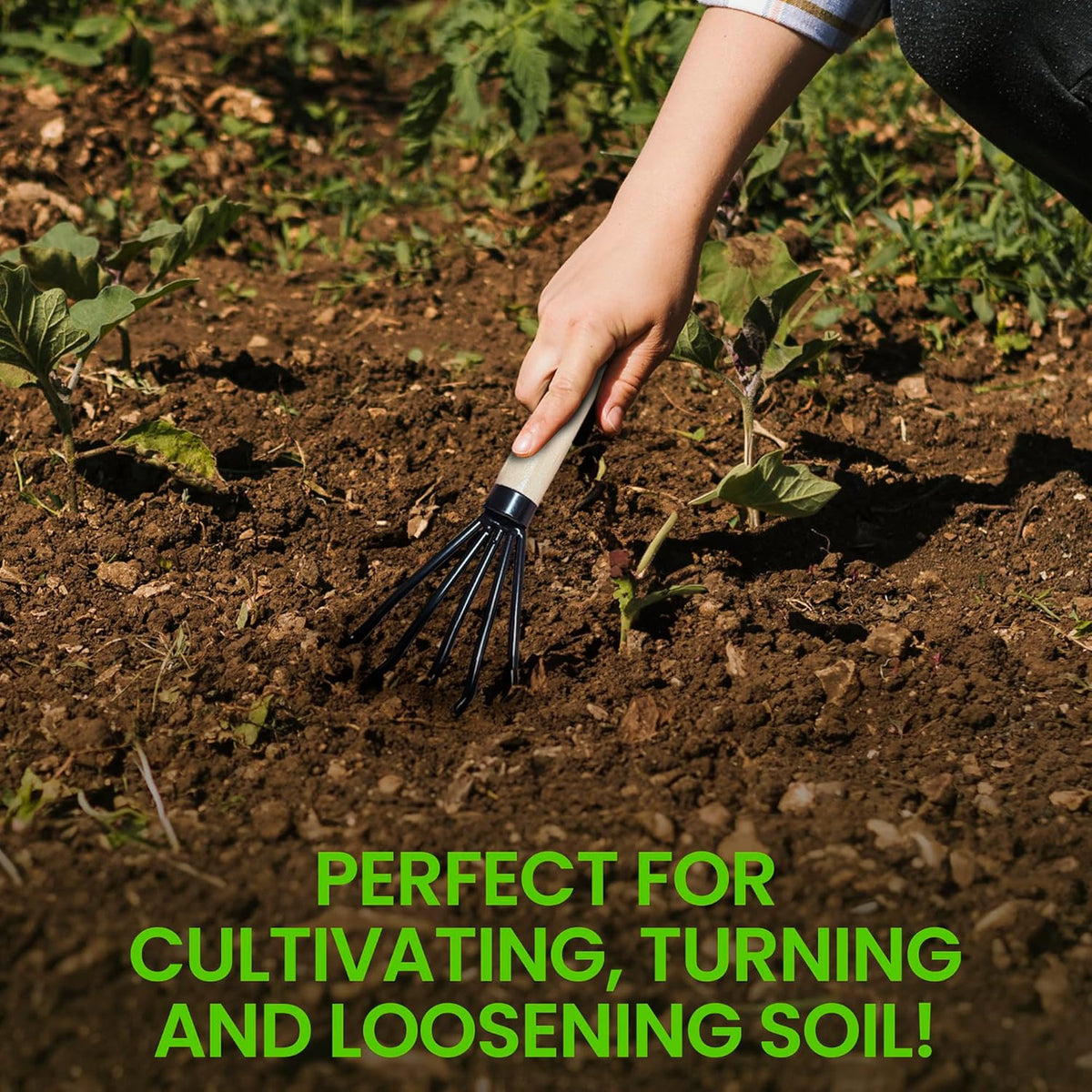 Garden Guru Hand Rake Cultivator Claw Soil Tiller - Military Grade Steel - Rust Resistant - 5 Tine Japanese Ninja Claw - Comfortable Wood Handle - Perfect Pulverized and Aerated Soil (4 Pack)