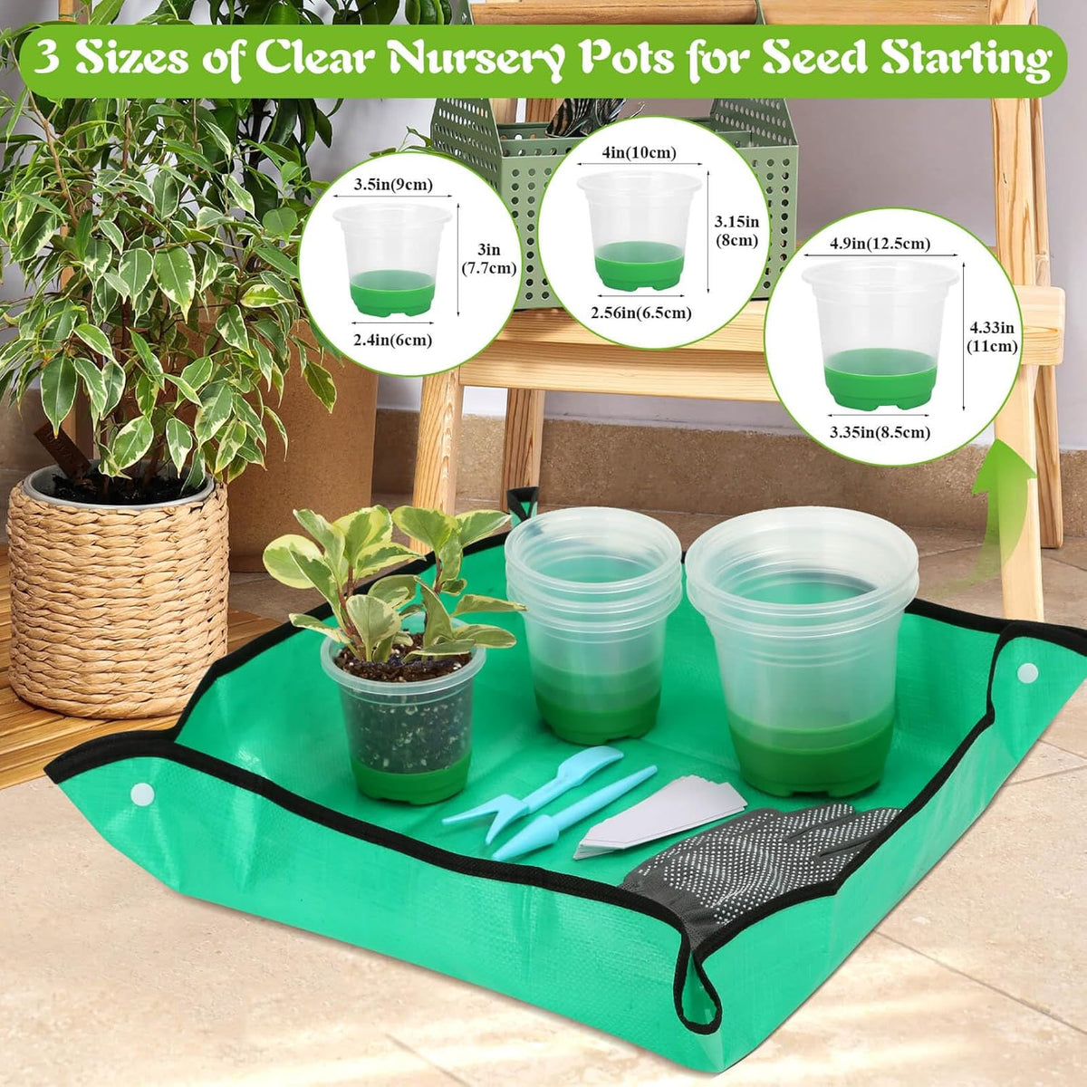 Caffox 51PCS Reusable Seed Starter Kit Includes 26 Packs 3 Sizes Clear Nursery Pots with Silicone Base, Repotting Mat, Gardening Gloves, Plant Labels and Seedling Tools for Easy Transplant