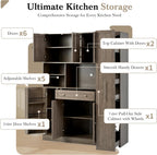 roomfitters Large Kitchen Pantry Cabinet with Pull-Out Side Storage and Hutch, Shaker Style Buffet, Brown