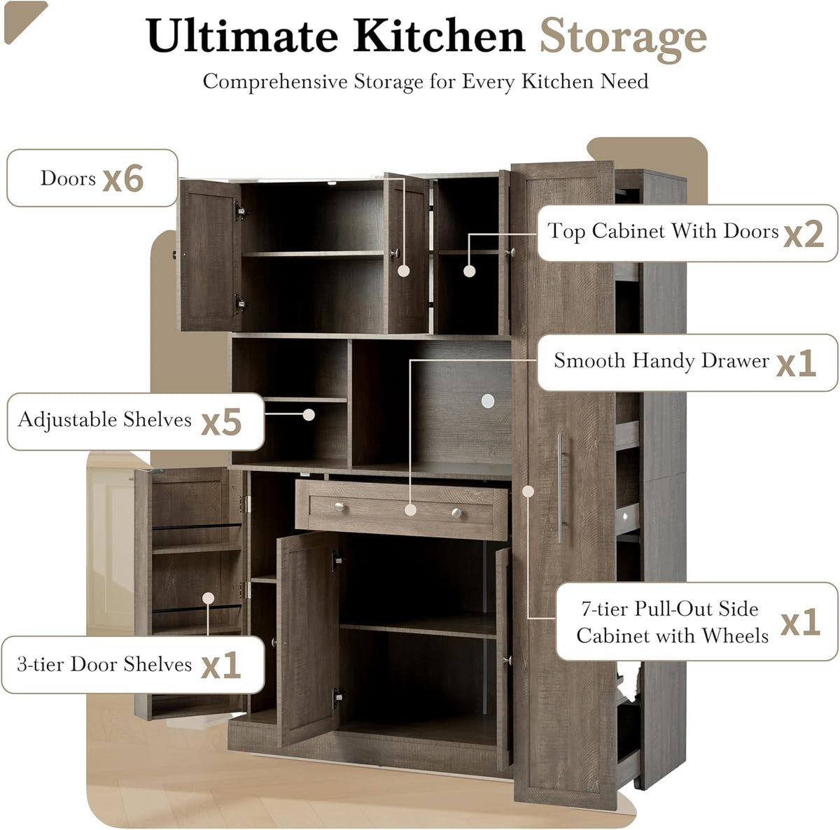 roomfitters Large Kitchen Pantry Cabinet with Pull-Out Side Storage and Hutch, Shaker Style Buffet, Brown