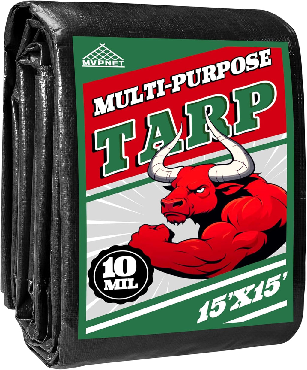 Tarp 15x15 ft Heavy Duty 100% Waterproof 10mil,UV Resistant,Durable Grommets and Reinforced Edges Green/Black Tarp for Camping, Swimming Pools,Car Coverage -by MVPNET