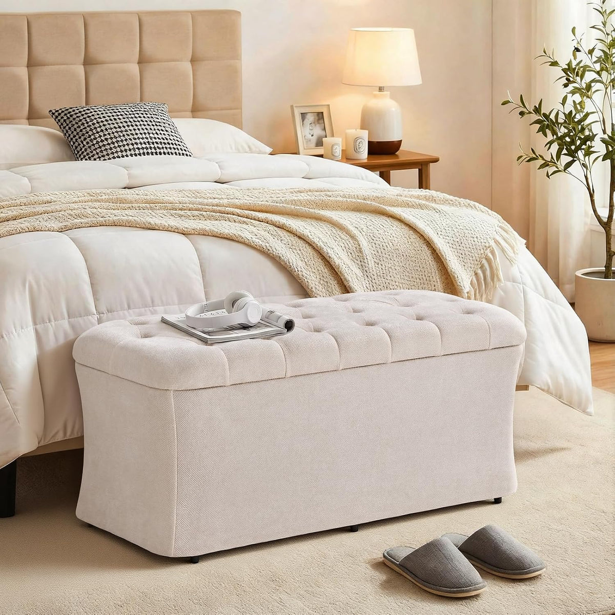 ONBRILL Storage Ottoman Bench, End of Bed Bench, 39.8 x 18.1 x 17.7 Inches Pouf Ottoman Foot Rest, Storage Benches Chest for Bedroom Entryway Living Room, Max 330 lbs, Beige