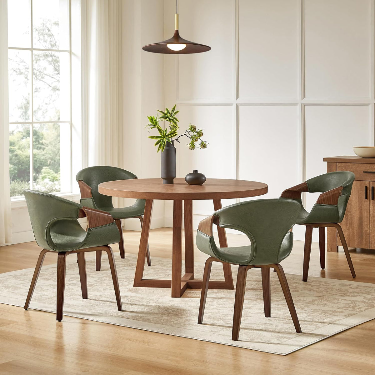Zouron Mid Century Modern Dining Chair, Faux Leather Armchair with Wooden Legs, Padded Upholstery Accent Desk Chair No Wheels for Living Room Kitchen, Green