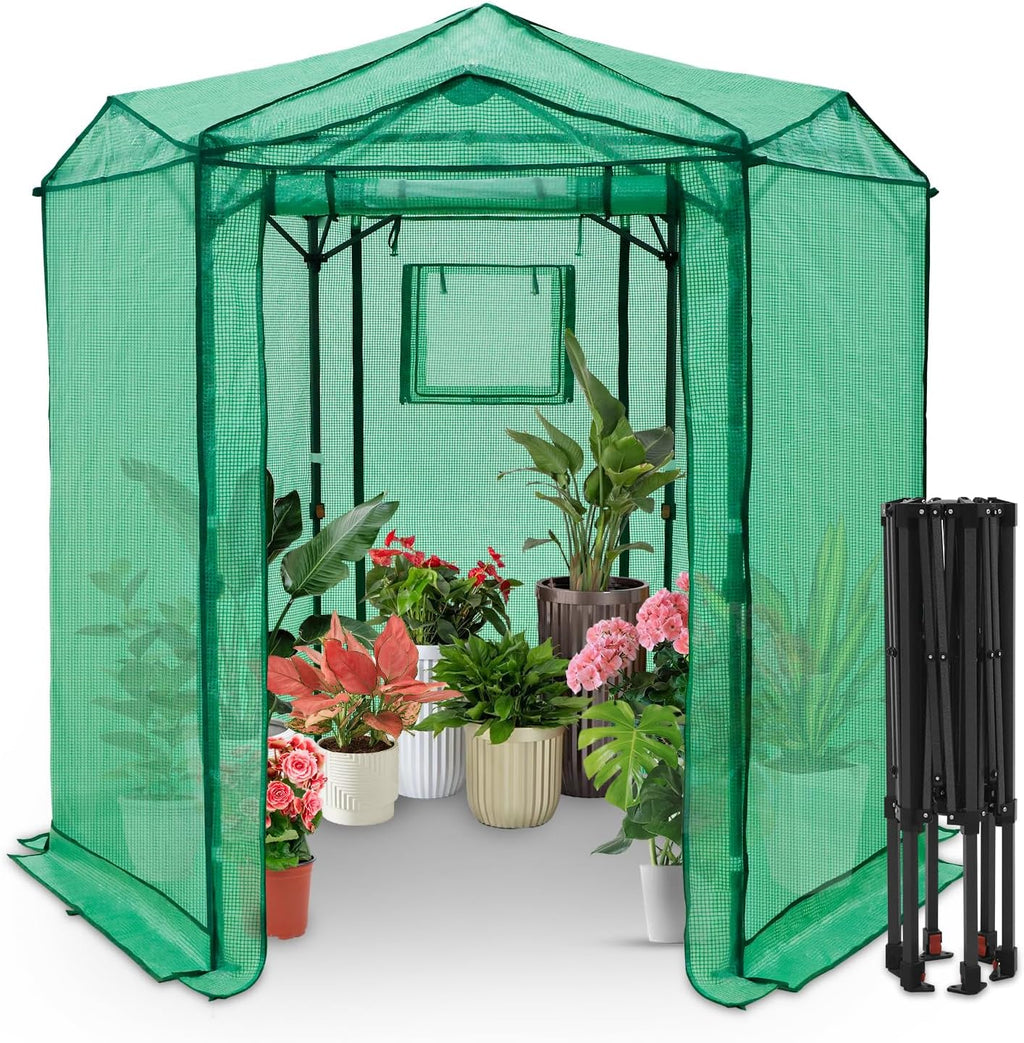 EAGLE PEAK 6.6x6.6 ft Hexagon Pop up Greenhouse, Portable Walk-in Grow Tent for Seed Starting, Garden Plants, Indoor Outdoor Green House, All-Weather Plant Shelter, PE Cover, Green/Clear