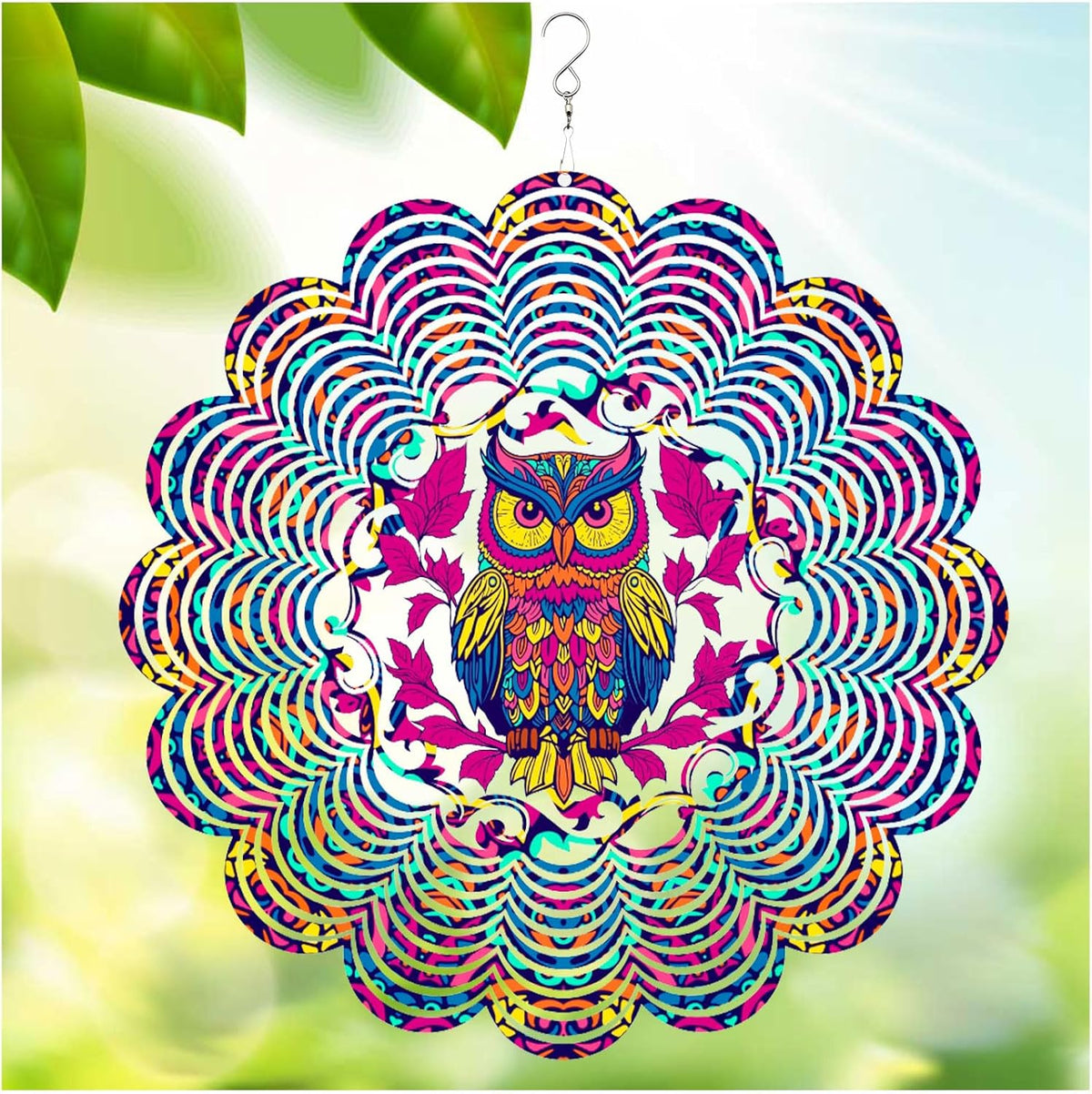 Wind Spinners Outdoor, Owl Metal 3D Hanging Garden Decor, 12-inch Stainless Steel Wind Spinner with Tail Spinner, Wind Sculptures for Patio Lawn Yard, Ornament Gift for Women/Men